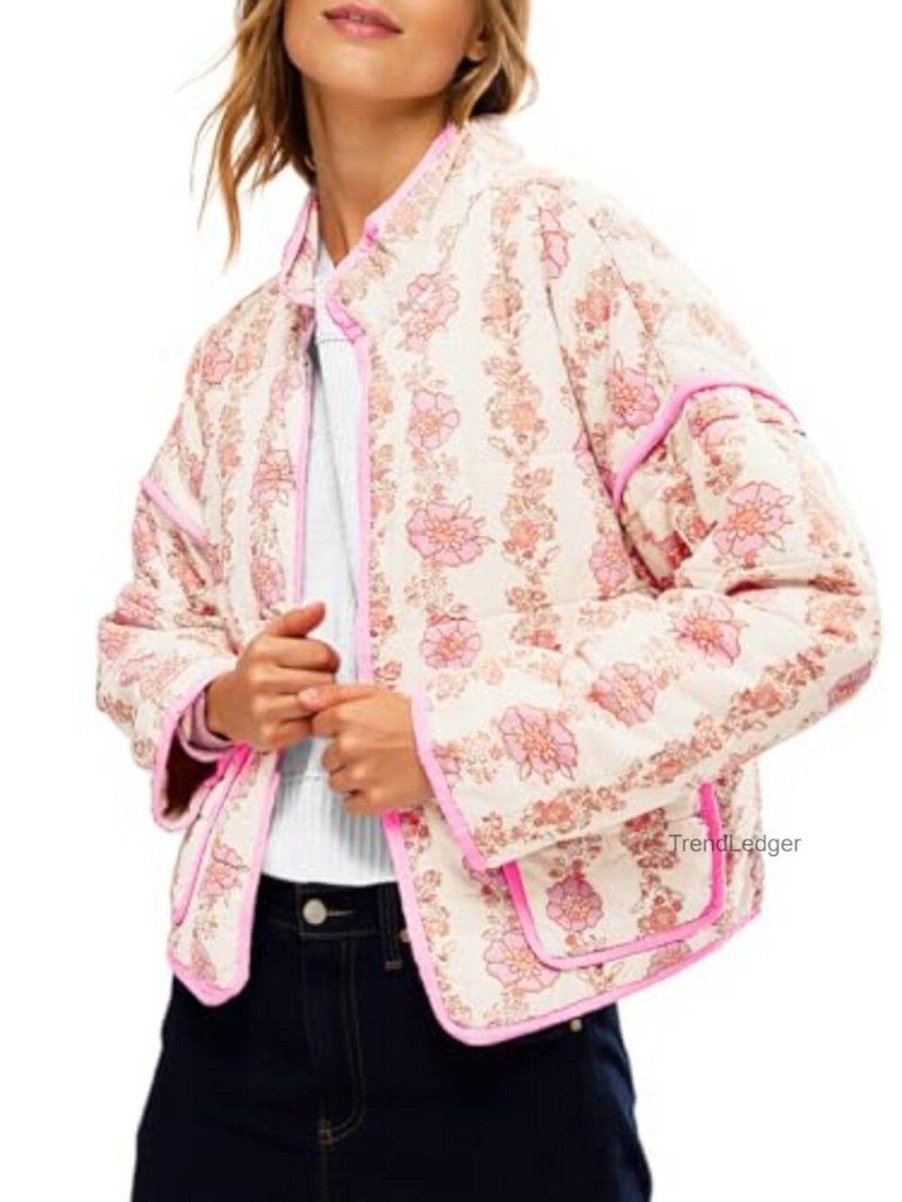 Quilted Floral Lightweight Jacket Open Front Padded Winter Coat